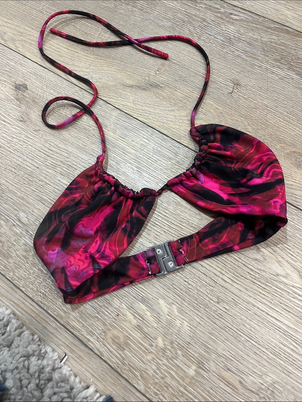 Women’s Pink Black Marble-Print Bikini Top